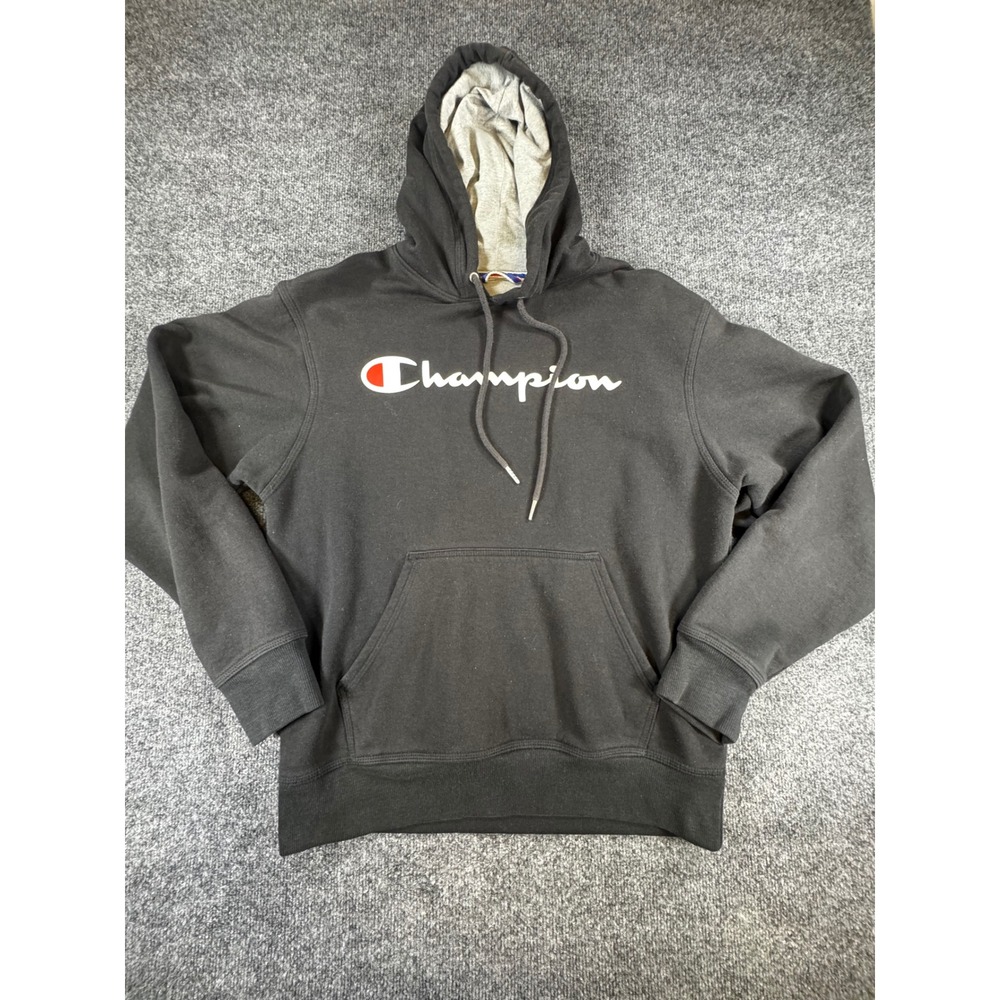 Champion Mens Script Logo Pullover Hoodie Black Sweatshirt Size Small